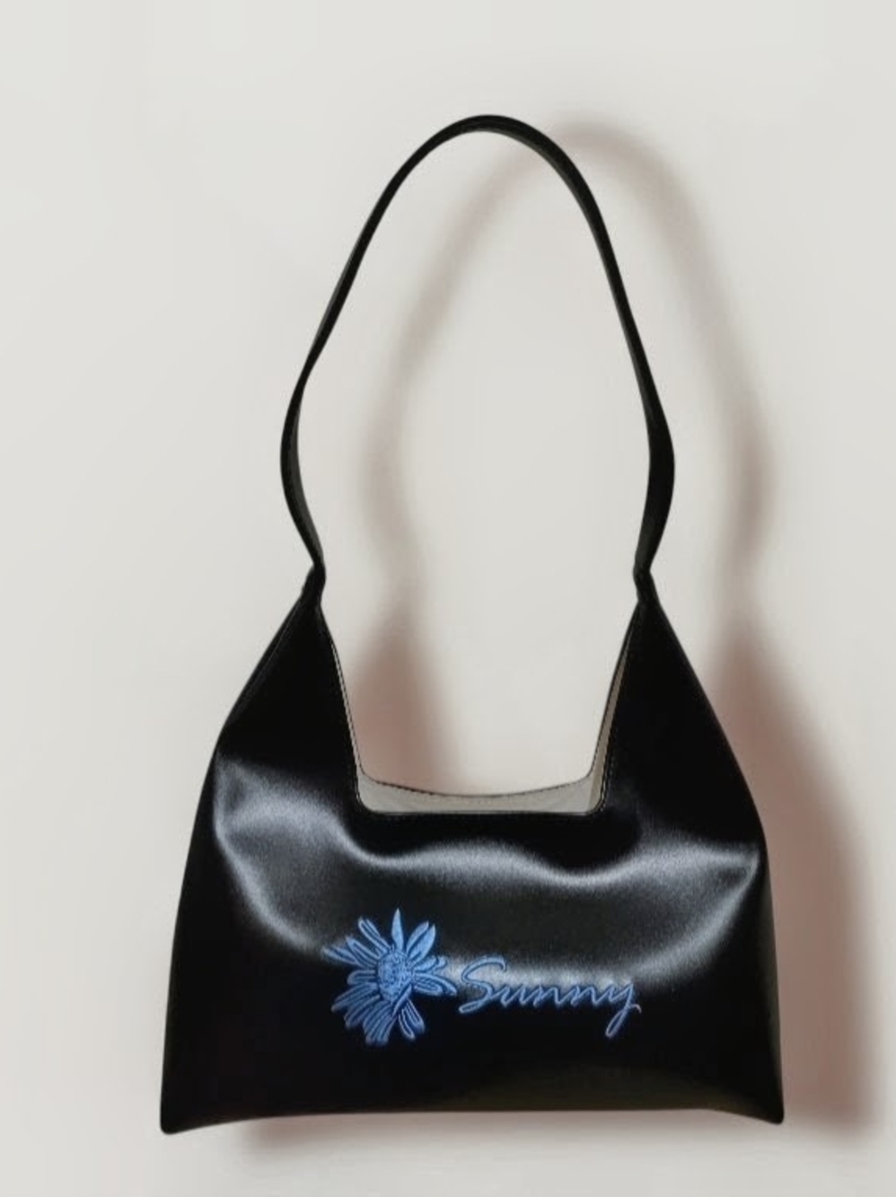 Black Shoulder Bag with Blue Floral Embroidery -